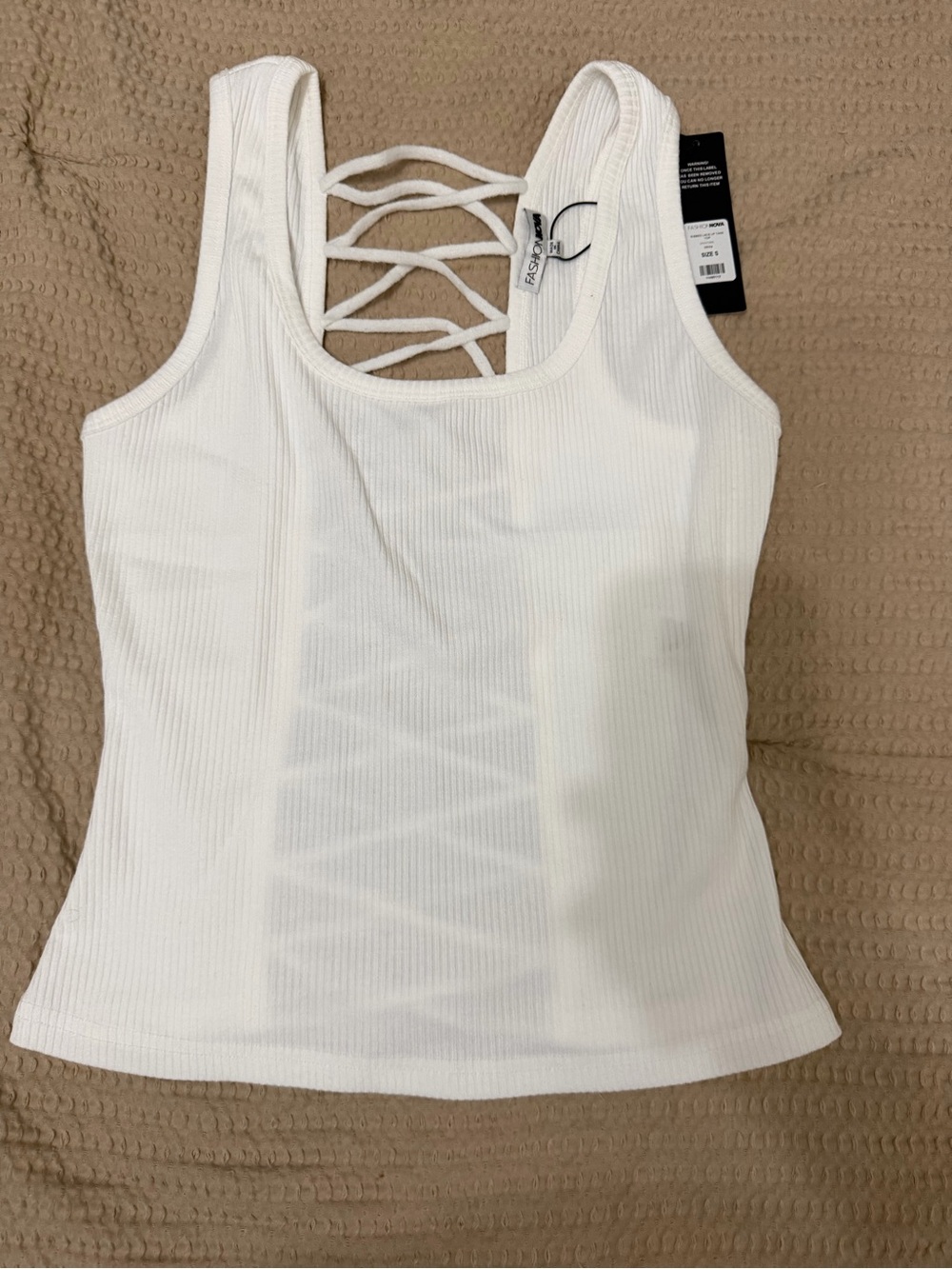 Fashion Nova White Ribbed Tank with Lace-Up Back